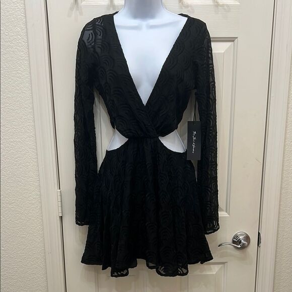 For Love And Lemons Black Cut Out Flared Cocktail Dress VNeck Long Sleeve Mini - Picture 1 of 15